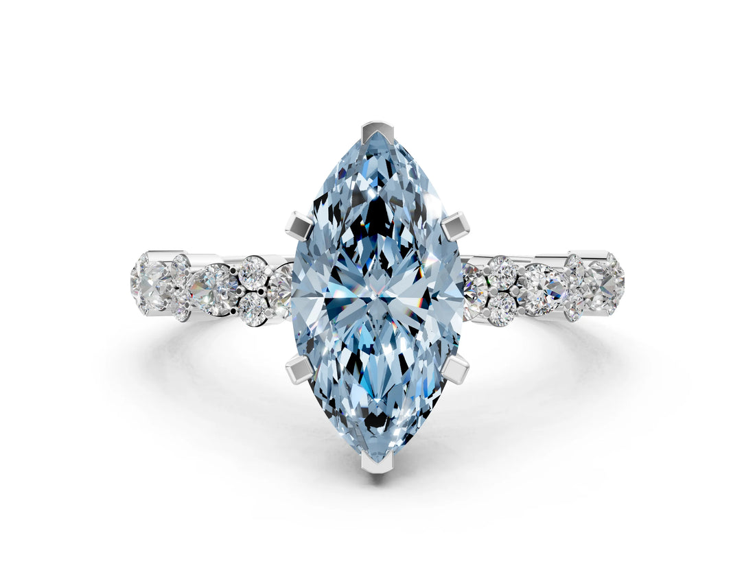 White gold Fancy Blue Marquise Cut Diamond Side Stone Solitaire Ring with Round  and Four-Prong Setting_12