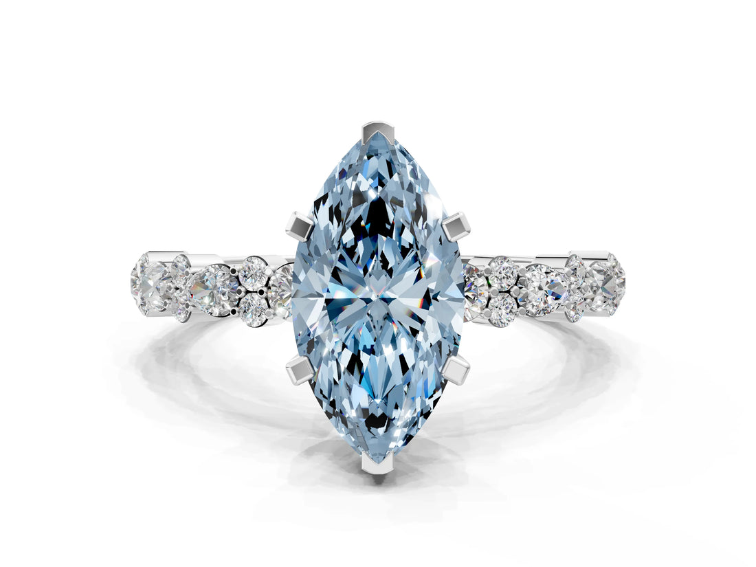 White gold Fancy Blue Marquise Cut Diamond Side Stone Solitaire Ring with Round  and Four-Prong Setting_178