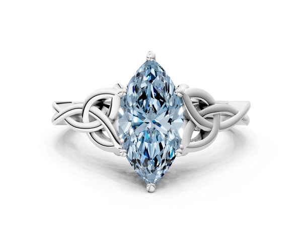 White gold Fancy Blue Marquise Cut Diamond Solitaire Celtic Knot Ring with Four-Prong Setting