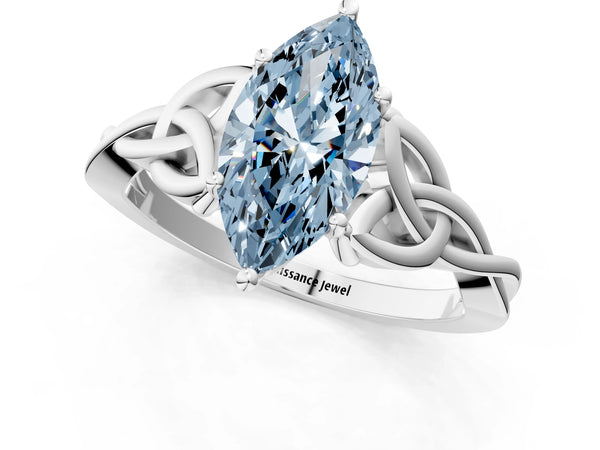 White gold Fancy Blue Marquise Cut Diamond Solitaire Celtic Knot Ring with Four-Prong Setting