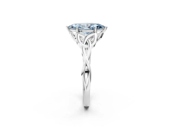 White gold Fancy Blue Marquise Cut Diamond Solitaire Celtic Knot Ring with Four-Prong Setting
