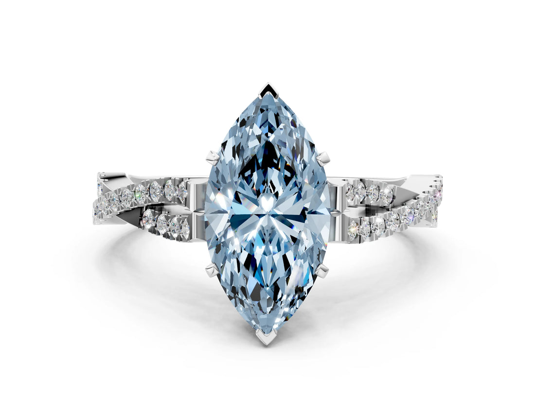 White gold Fancy Blue Marquise Cut Diamond Solitaire Engagement Ring with Twisted Pavé Band and Four-Prong Setting_91