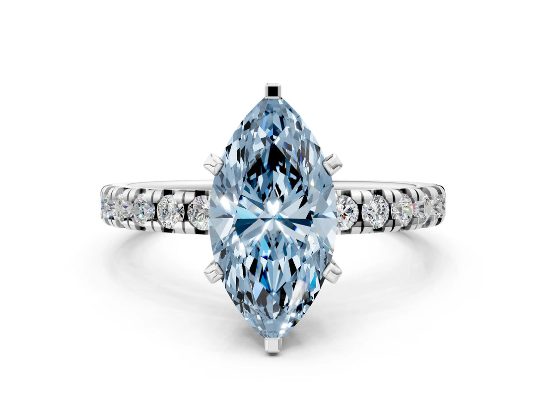 White gold Fancy Blue Marquise Cut Diamond Solitaire Pavé Engagement Ring with Round Band and Prong Setting_44