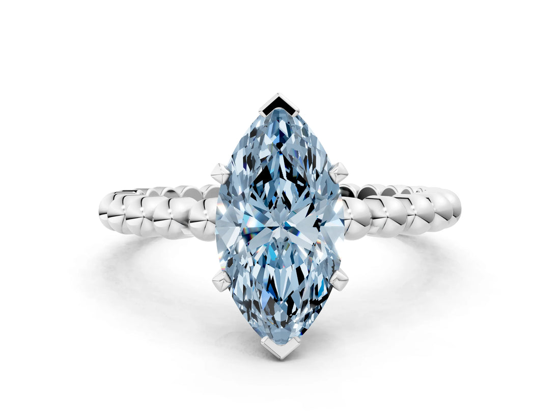 White gold Fancy Blue Marquise Cut Diamond Solitaire Ring with Beaded Band and Prong Setting_392