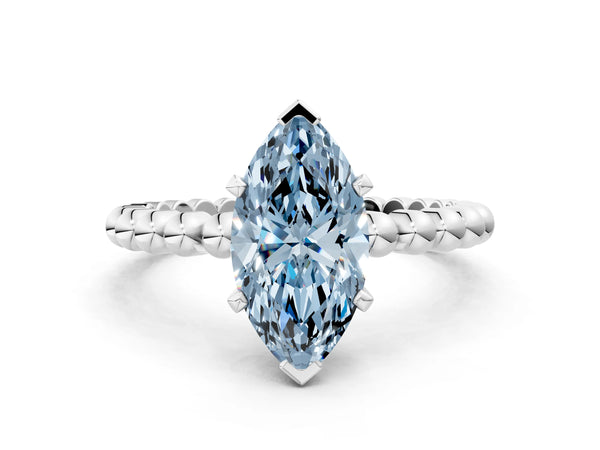 Platinum Fancy Blue Marquise Cut Diamond Solitaire Ring with Beaded Band and Prong Setting