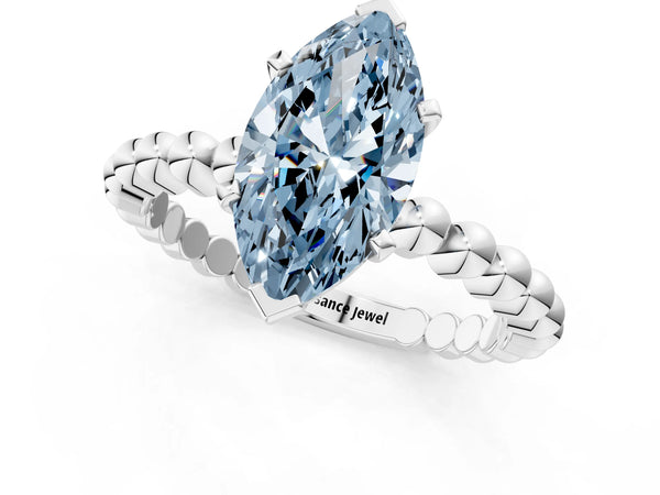 Platinum Fancy Blue Marquise Cut Diamond Solitaire Ring with Beaded Band and Prong Setting