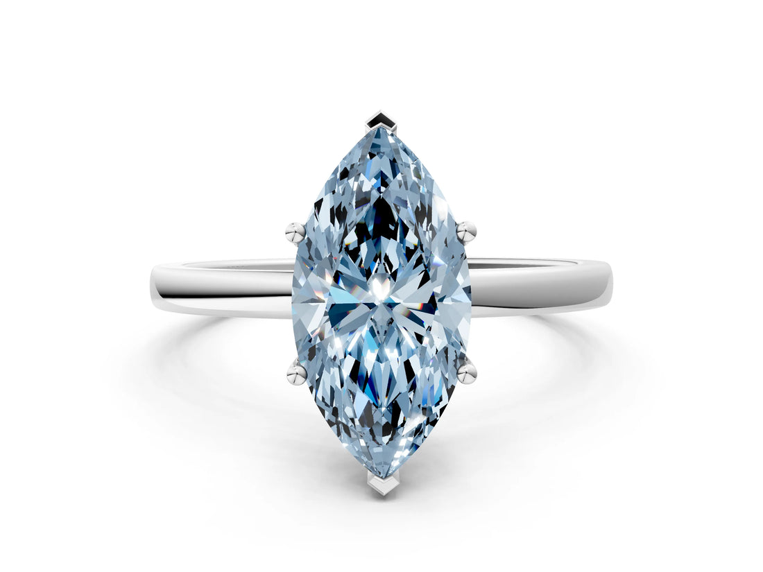 White gold Fancy Blue Marquise Cut Diamond Solitaire Ring with Classic Band and Four-Prong Setting