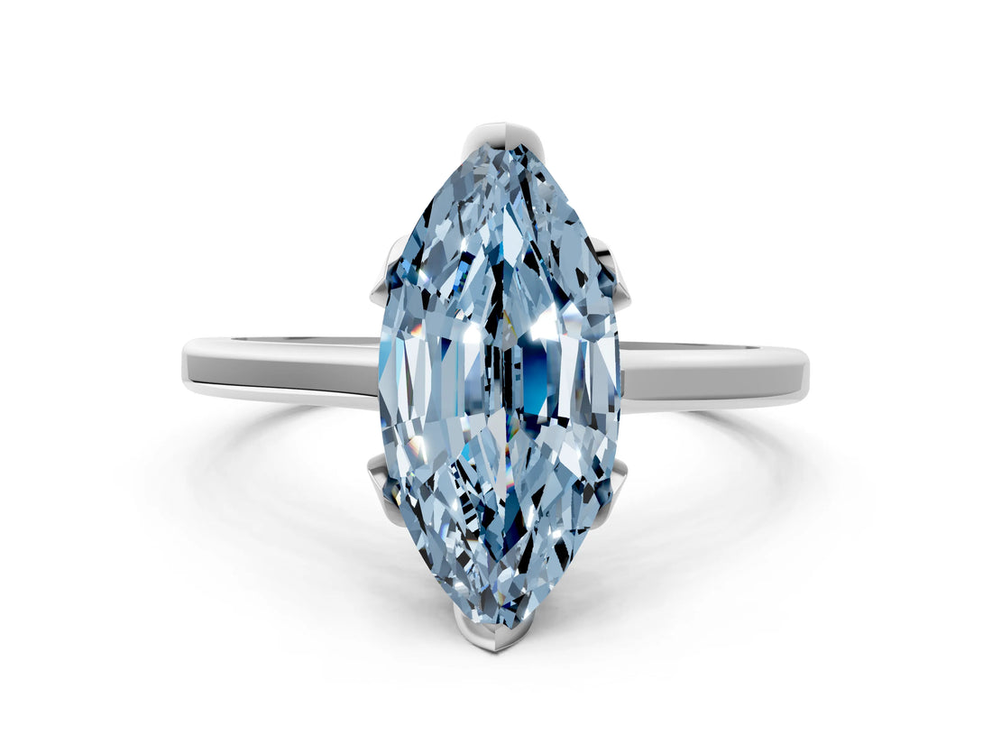 10K White Gold 2.50 Carat Blue VS1 Marquise Diamond Solitaire Ring with Flower Prong Setting and Classic Band