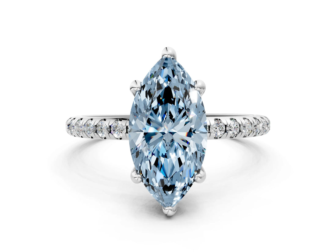 White gold Fancy Blue Marquise Cut Diamond Solitaire Ring with Four-Prong Setting and Pavé Band_3