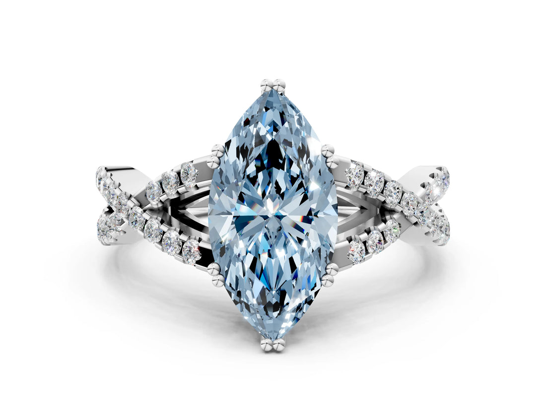 White gold Fancy Blue Marquise Cut Diamond Solitaire Ring with Four-Prong Setting and Twisted Pavé Band_34