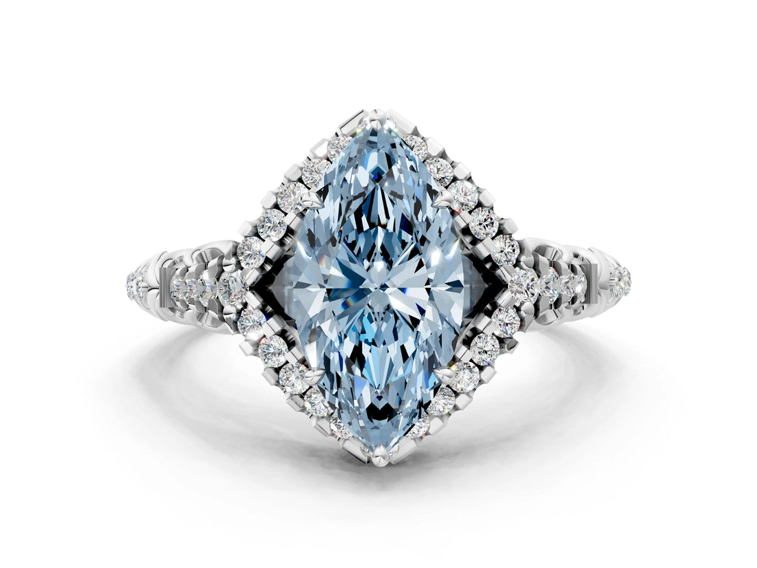White gold Fancy Blue Marquise Cut Diamond Solitaire Ring with Hidden Halo and Pavé Band_39