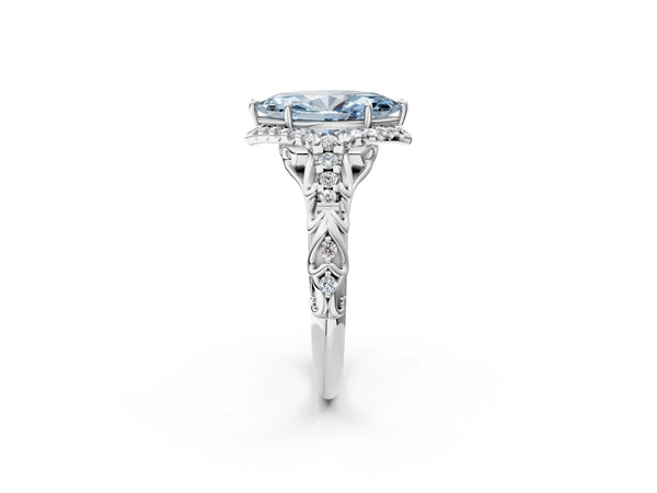 Sterling Silver Marquise Hidden Halo Engagement Ring Setting for Fancy Blue Center with Pave Band