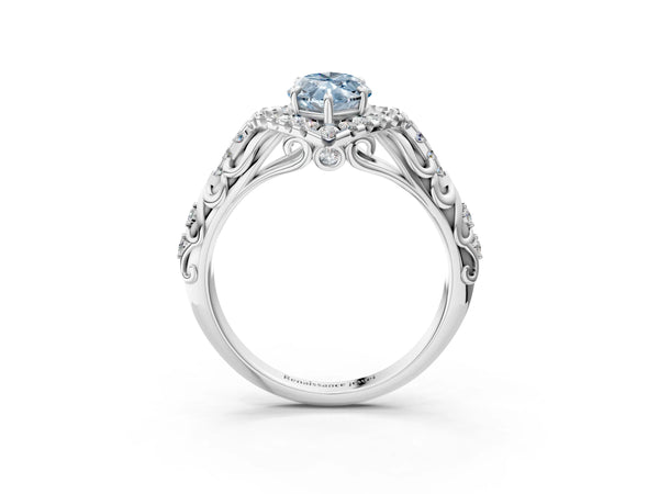 Sterling Silver Marquise Hidden Halo Engagement Ring Setting for Fancy Blue Center with Pave Band