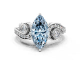 White gold Fancy Blue Marquise Cut Diamond Solitaire Ring with Milgrain Pavé Band and Four-Prong Setting_220