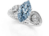 White gold Fancy Blue Marquise Cut Diamond Solitaire Ring with Milgrain Pavé Band and Four-Prong Setting_220