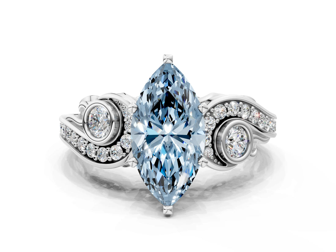 White gold Fancy Blue Marquise Cut Diamond Solitaire Ring with Milgrain Pavé Band and Four-Prong Setting_220