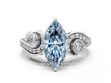 White gold Fancy Blue Marquise Cut Diamond Solitaire Ring with Milgrain Pavé Band and Four-Prong Setting_231