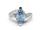 White gold Fancy Blue Marquise Cut Diamond Solitaire Ring with Prong Setting and Twisted Pavé Band