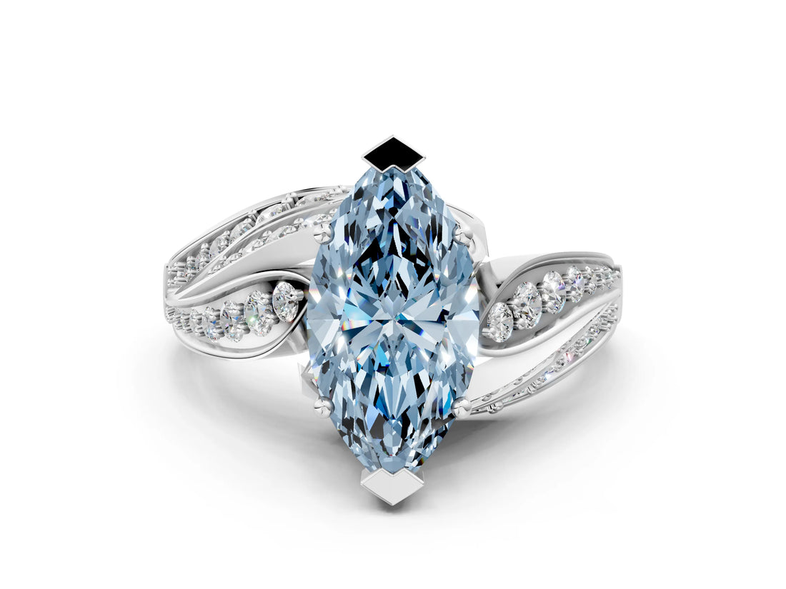 White gold Fancy Blue Marquise Cut Diamond Solitaire Ring with Prong Setting and Twisted Pavé Band_12