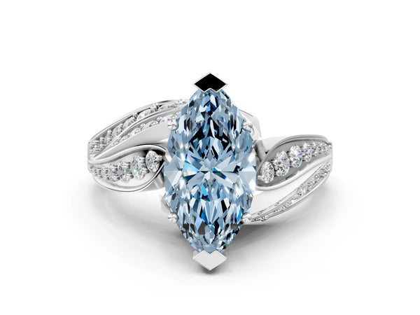 White gold Fancy Blue Marquise Cut Diamond Solitaire Ring with Prong Setting and Twisted Pavé Band