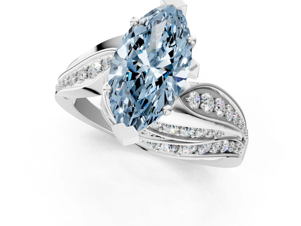 White gold Fancy Blue Marquise Cut Diamond Solitaire Ring with Prong Setting and Twisted Pavé Band