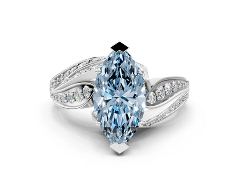 White gold Fancy Blue Marquise Cut Diamond Solitaire Ring with Prong Setting and Twisted Pavé Band