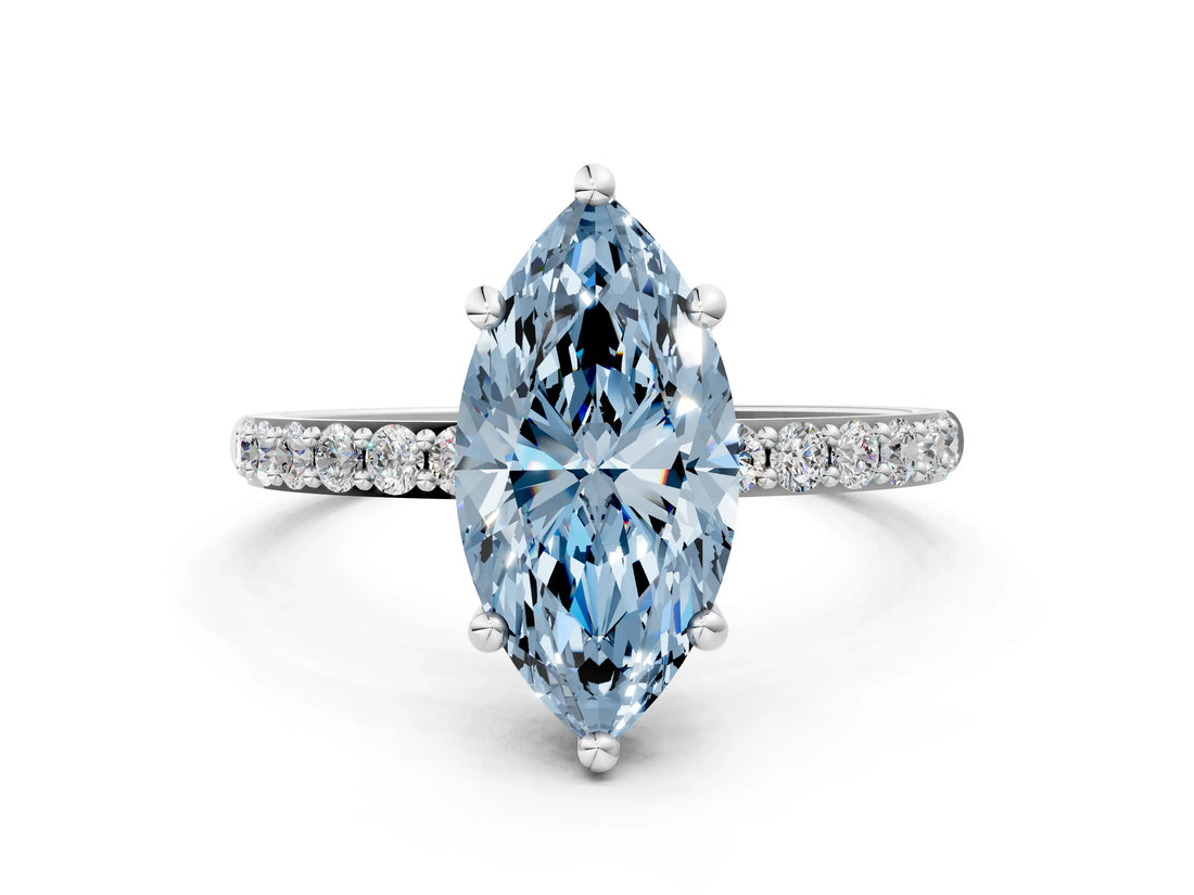 White gold Fancy Blue Marquise Cut Diamond Solitaire Ring with Round  Pavé Band and Prong Setting_134