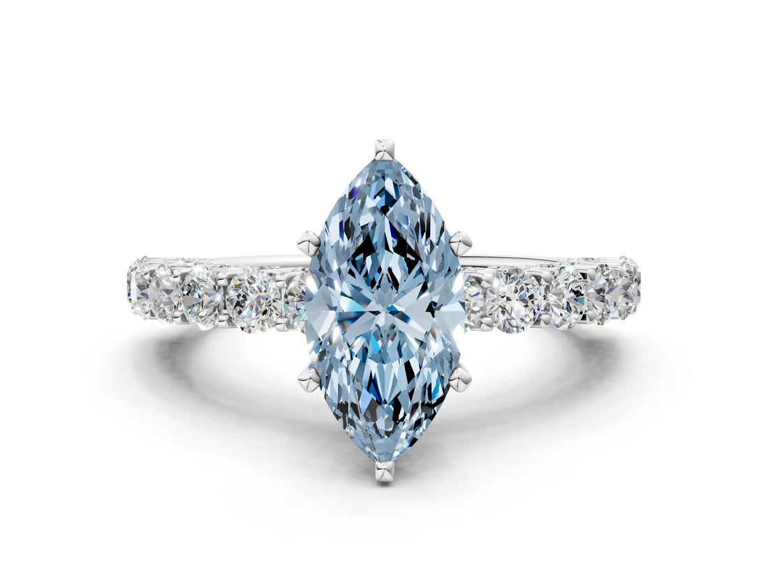 White gold Fancy Blue Marquise Cut Diamond Solitaire Ring with Shared Prong Pavé Band and Four-Prong Setting_72