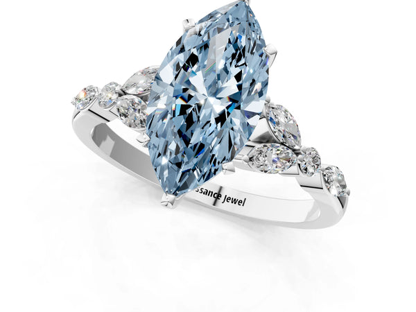 White gold Fancy Blue Marquise Cut Diamond Solitaire Ring with Side Stones and Four-Prong Setting