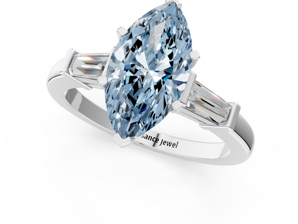 Platinum Fancy Blue Marquise  Cut Diamond Solitaire Ring with Tapered Baguette Accents and Four-Prong Setting