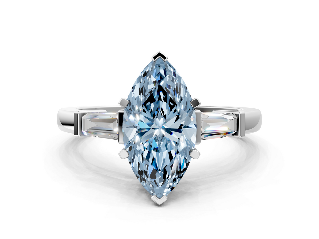 White gold Fancy Blue Marquise  Cut Diamond Solitaire Ring with Tapered Baguette Accents and Four-Prong Setting_94