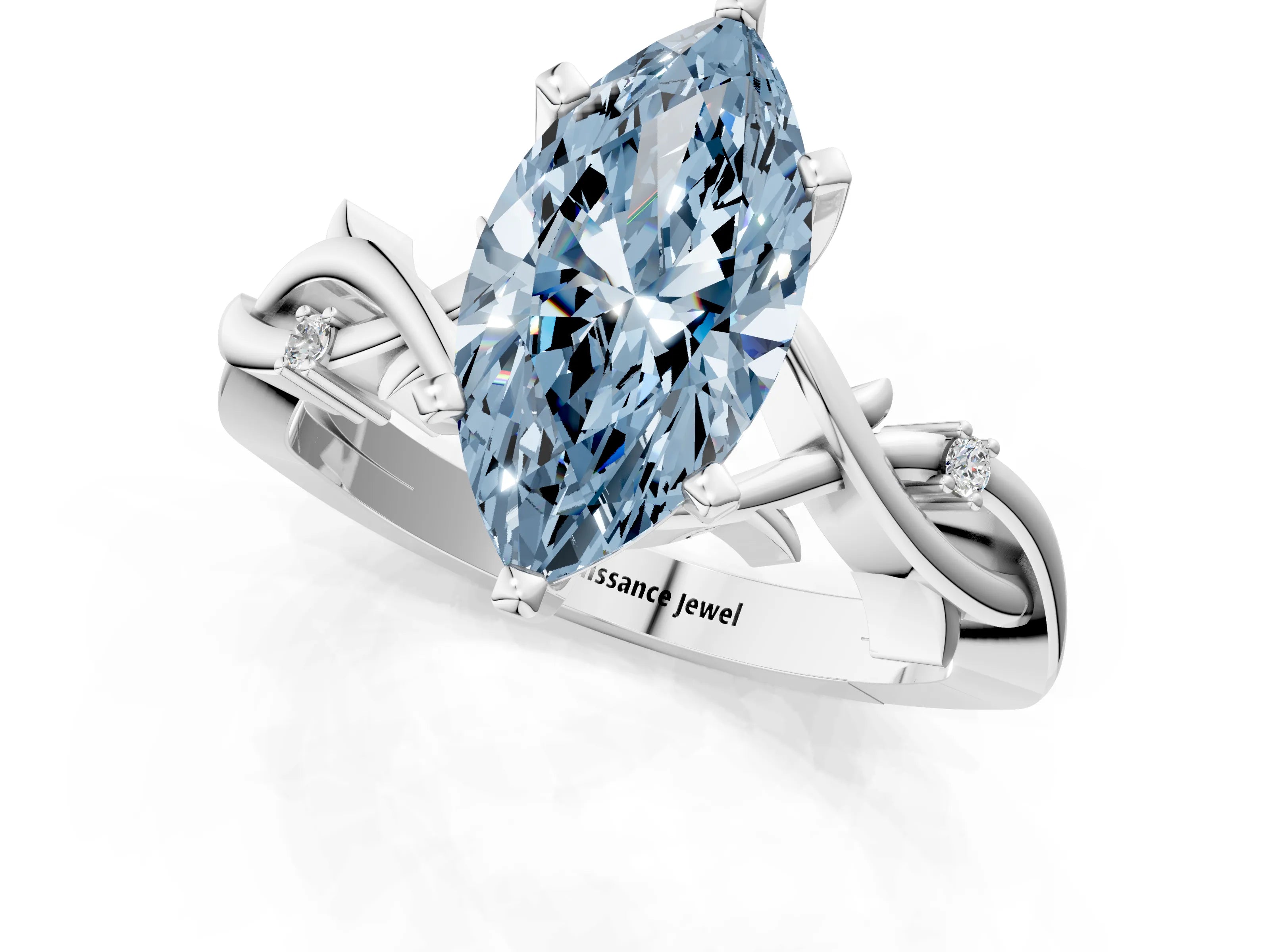 White gold Fancy Blue Marquise Cut Diamond Solitaire Ring with Twisted Band and Prong Setting_333