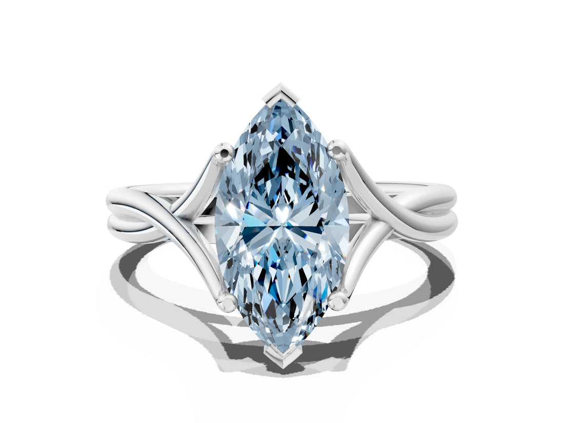 White gold Fancy Blue Marquise Cut Diamond Solitaire Twist Band Prong Setting Ring_79