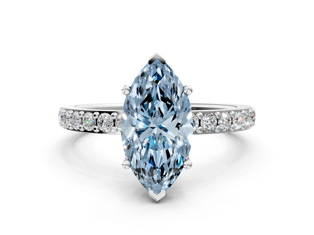 White gold Fancy Blue Marquise  Cut Diamond Solitaire with Pave Band and Four-Prong Setting