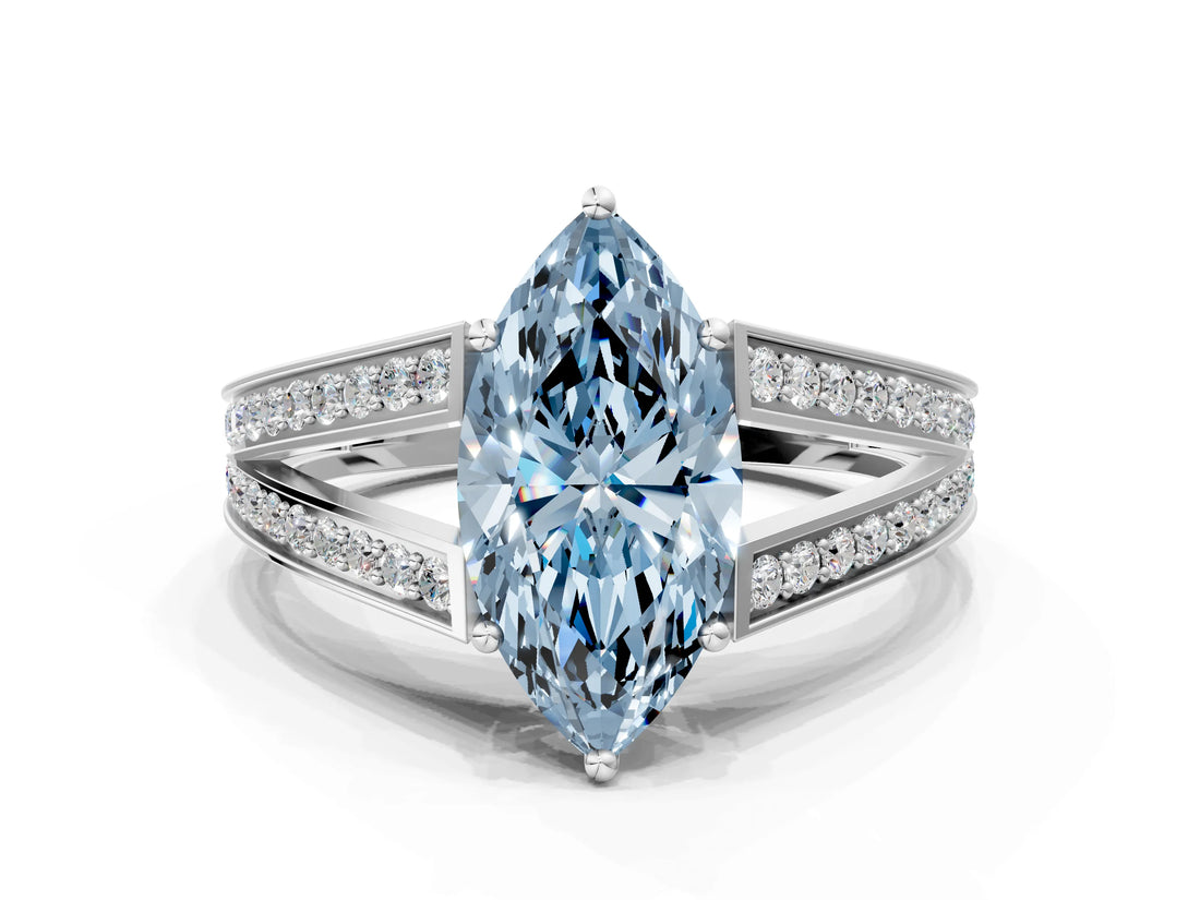 White gold Fancy Blue Marquise Cut Diamond Split Shank Ring with Pavé Band and Four-Prong Setting_97