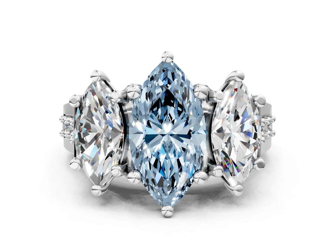 White gold Fancy Blue Marquise Cut Diamond Three-Stone Ring with Channel Set Band and Four-Prong Setting_64