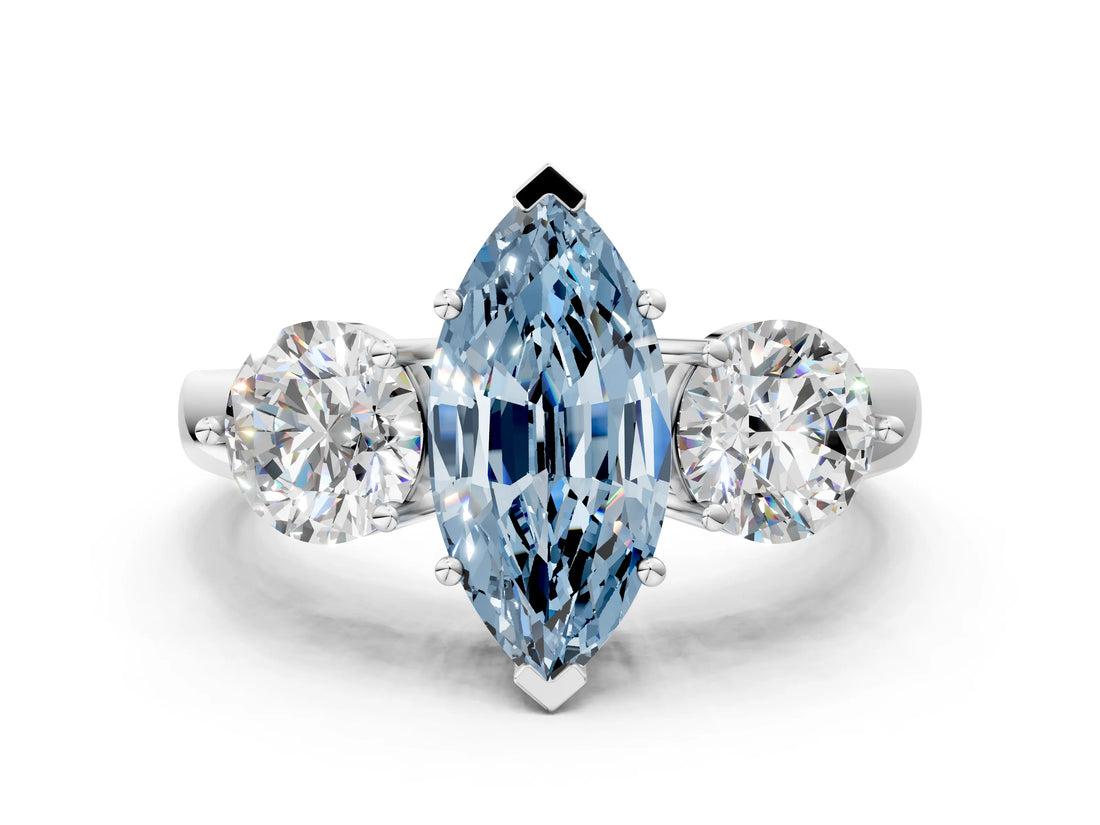 White gold Fancy Blue Marquise Cut Diamond Three-Stone Ring with Prong Setting and Classic Band_155