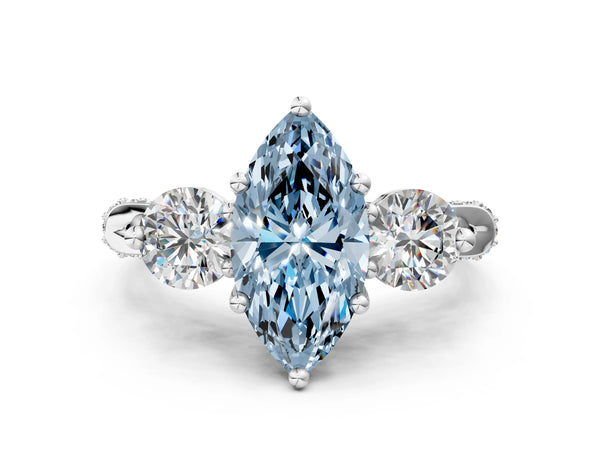 White gold Fancy Blue Marquise Cut Diamond Three-Stone Ring with Prong Setting and Pavé Band