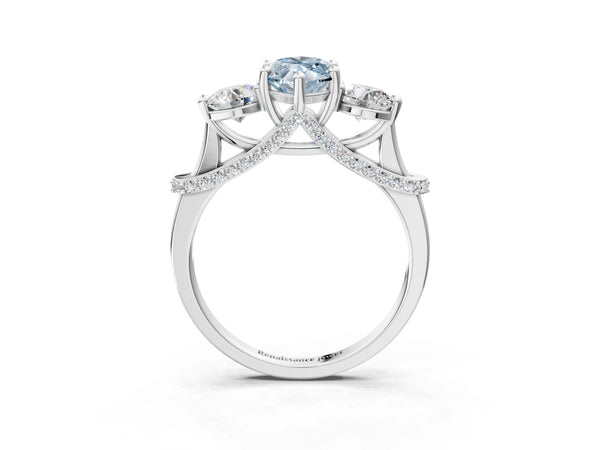 White gold Fancy Blue Marquise Cut Diamond Three-Stone Ring with Prong Setting and Pavé Band