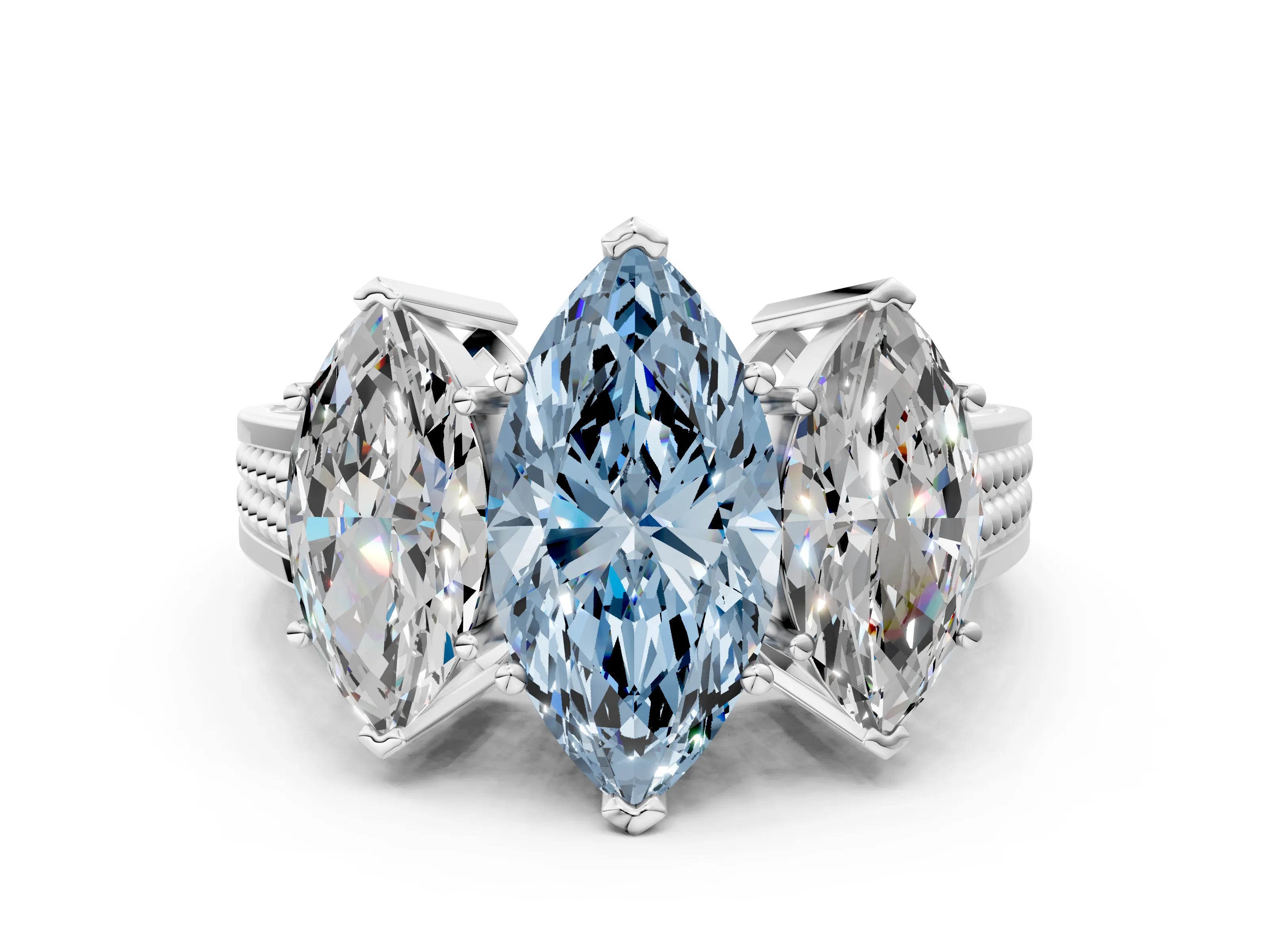 White gold Fancy Blue Marquise Cut Diamond Three-Stone Ring with Prong Setting and Textured Band_36