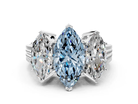 White gold Fancy Blue Marquise Cut Diamond Three-Stone Ring with Prong Setting and Textured Band_36