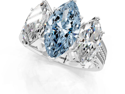 White gold Fancy Blue Marquise Cut Diamond Three-Stone Ring with Prong Setting and Textured Band_37