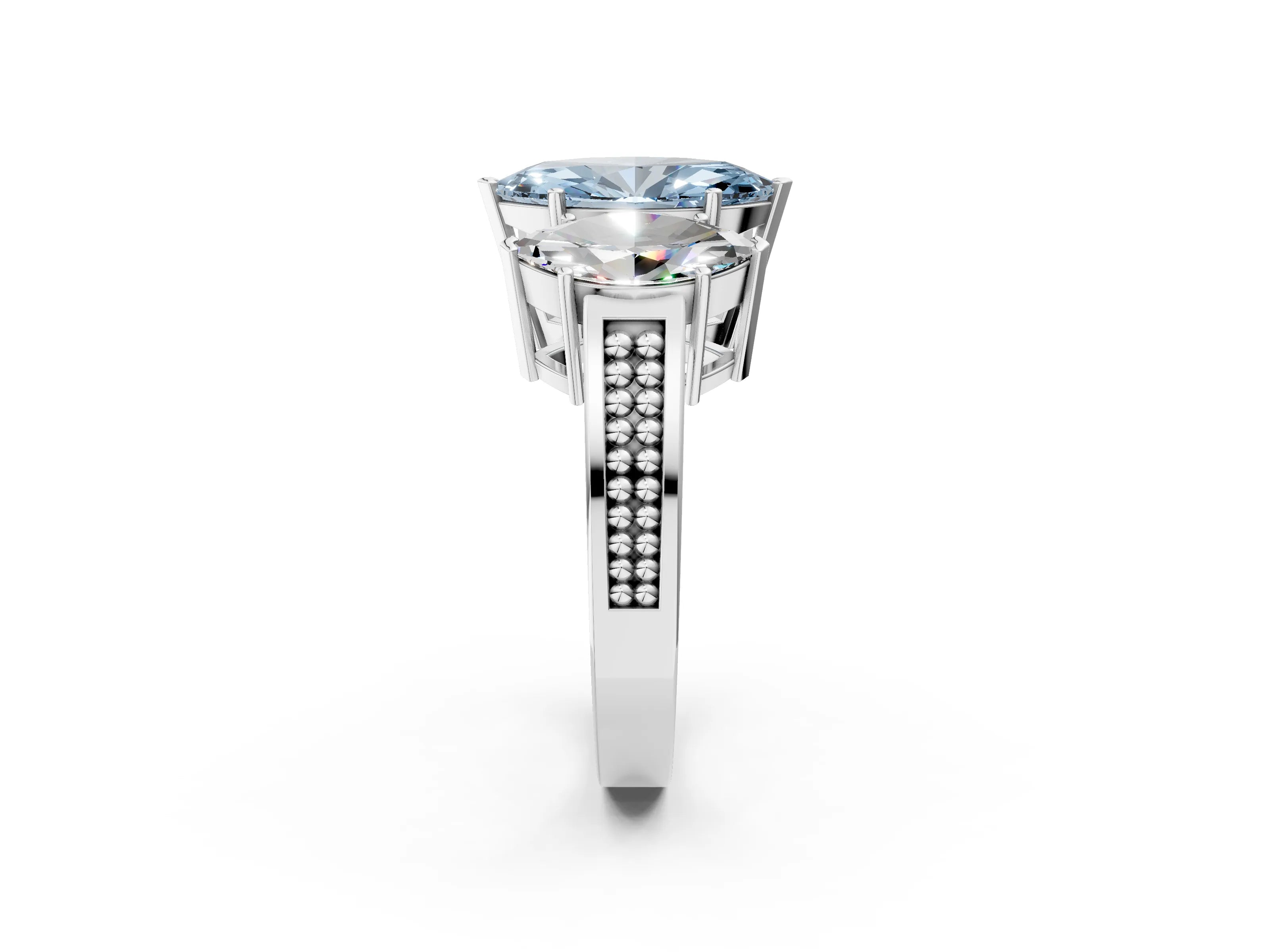 White gold Fancy Blue Marquise Cut Diamond Three-Stone Ring with Prong Setting and Textured Band_38