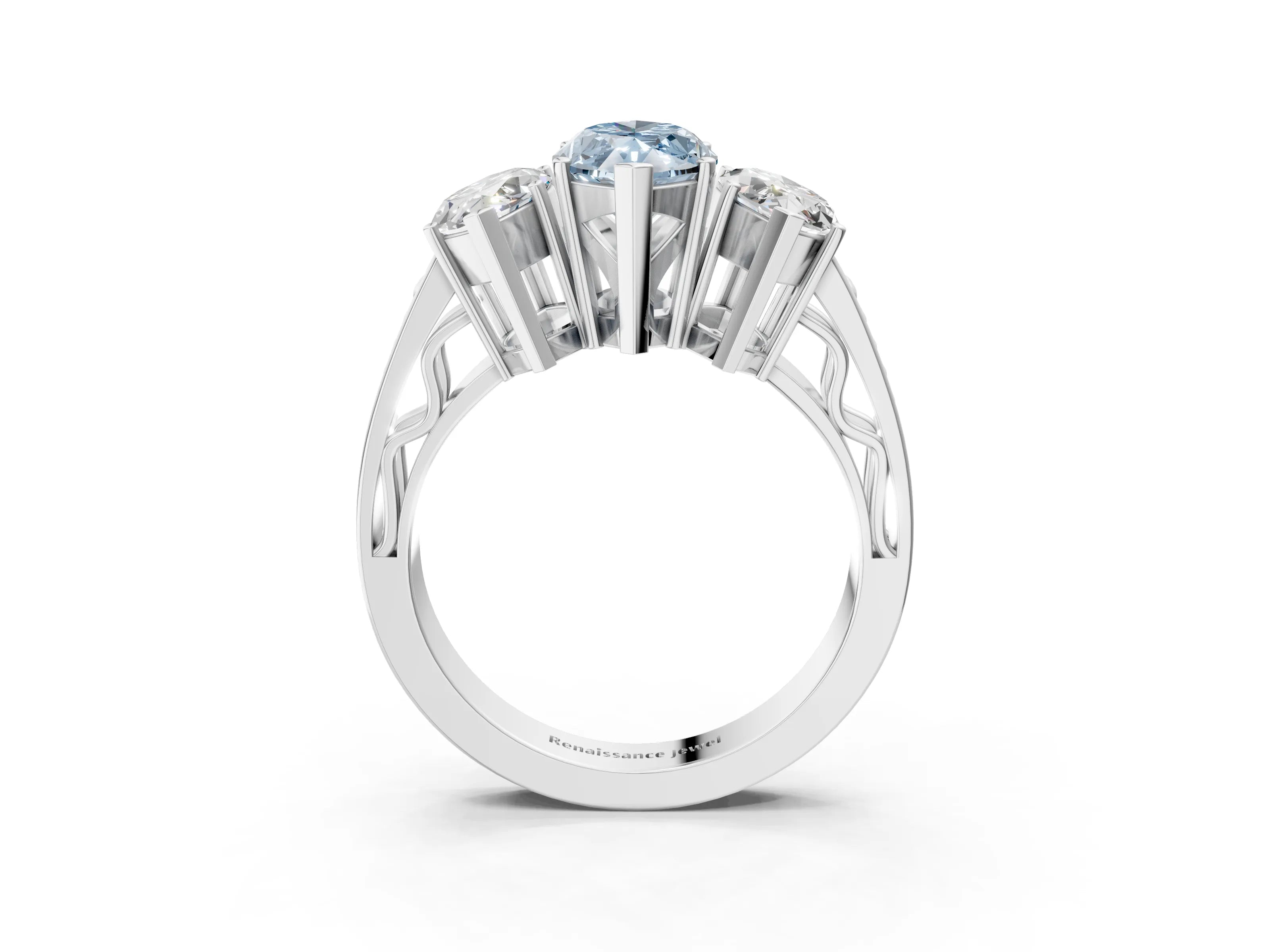 White gold Fancy Blue Marquise Cut Diamond Three-Stone Ring with Prong Setting and Textured Band_3