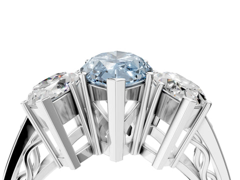 White gold Fancy Blue Marquise Cut Diamond Three-Stone Ring with Prong Setting and Textured Band_40