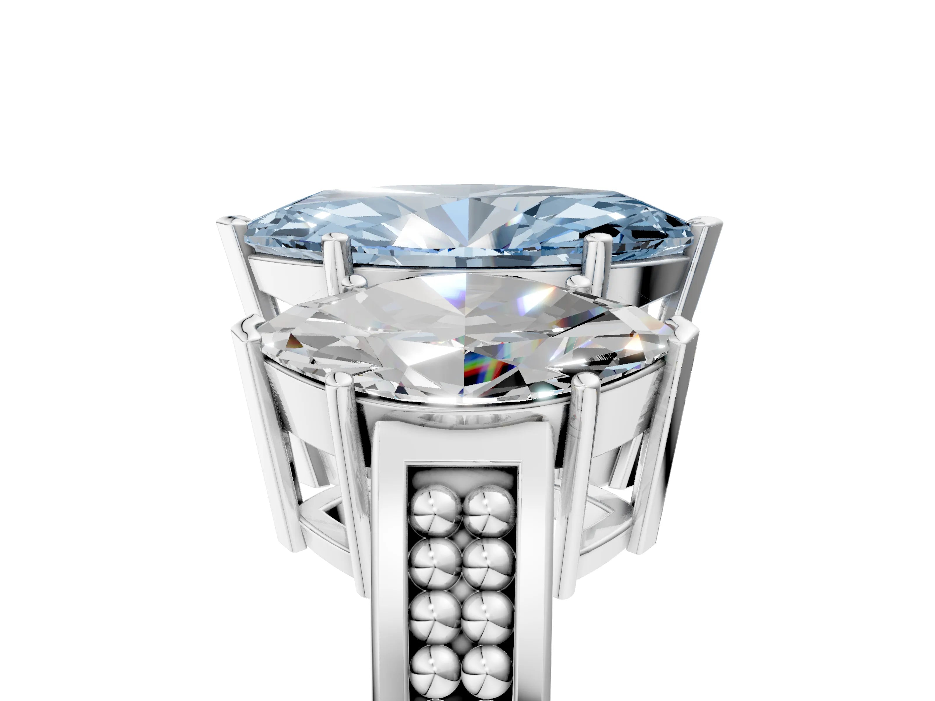 White gold Fancy Blue Marquise Cut Diamond Three-Stone Ring with Prong Setting and Textured Band_41