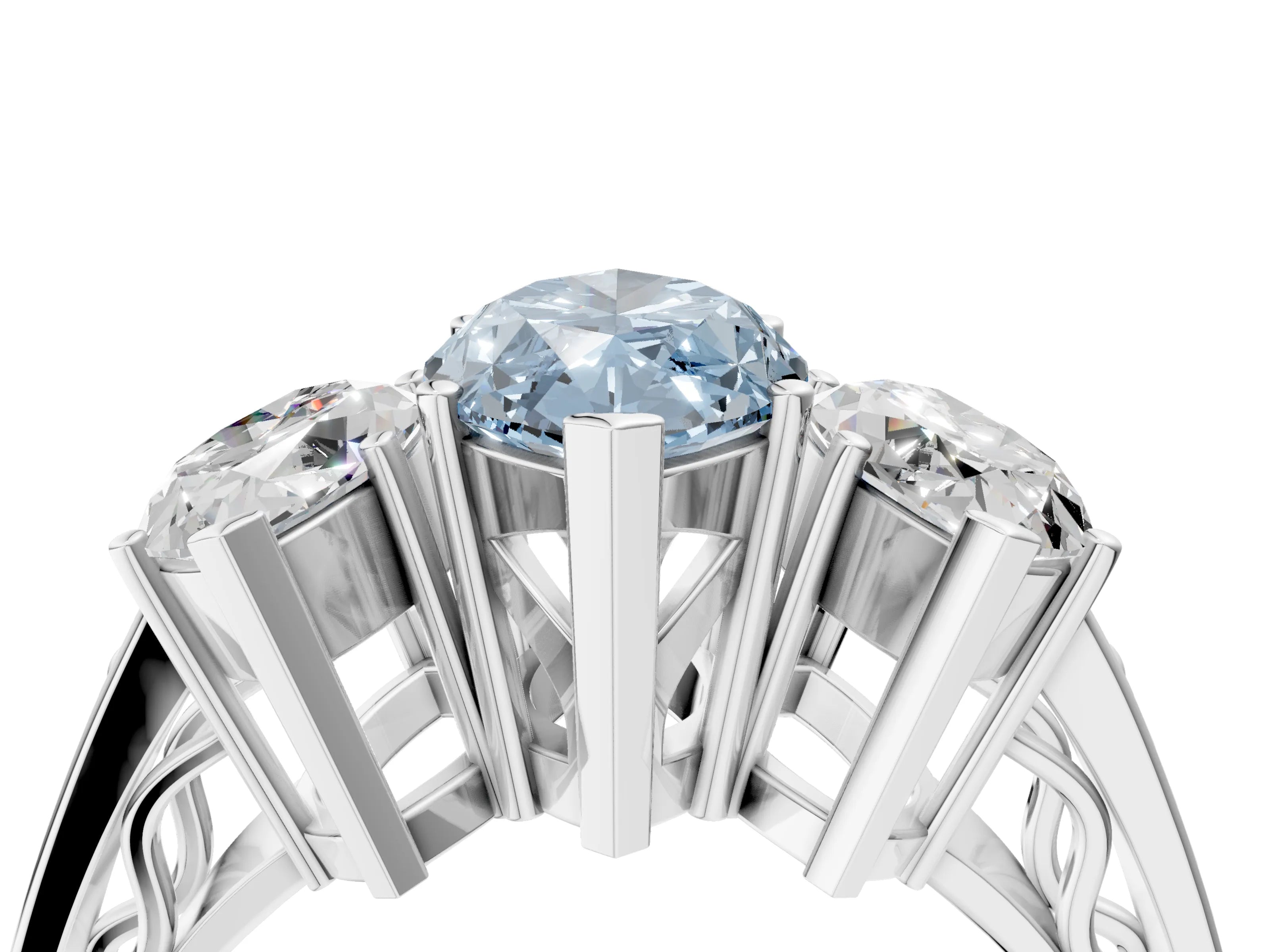 White gold Fancy Blue Marquise Cut Diamond Three-Stone Ring with Prong Setting and Textured Band_4