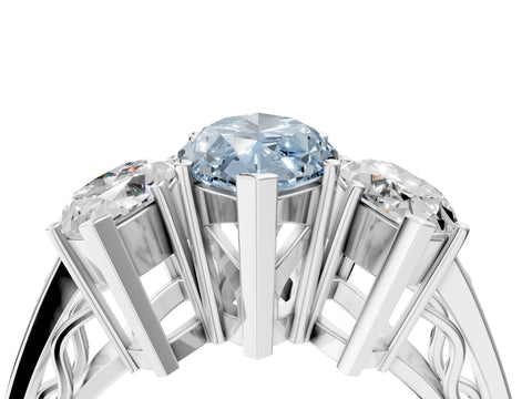 White gold Fancy Blue Marquise Cut Diamond Three-Stone Ring with Prong Setting and Textured Band_4