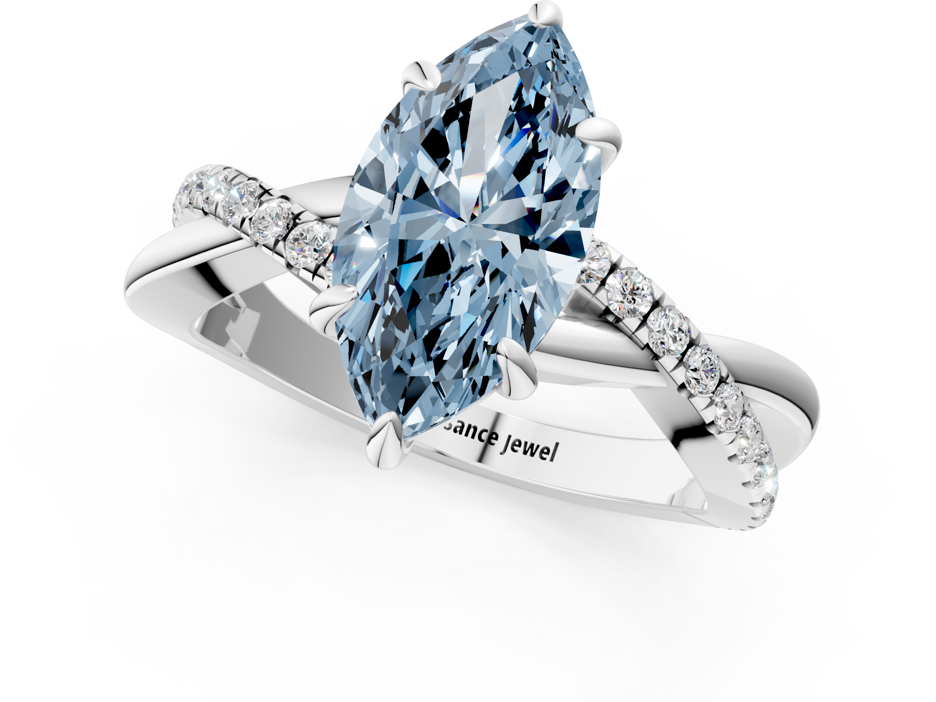 White gold Fancy Blue Marquise  Cut Diamond Twist Band Solitaire with Prong Setting_39