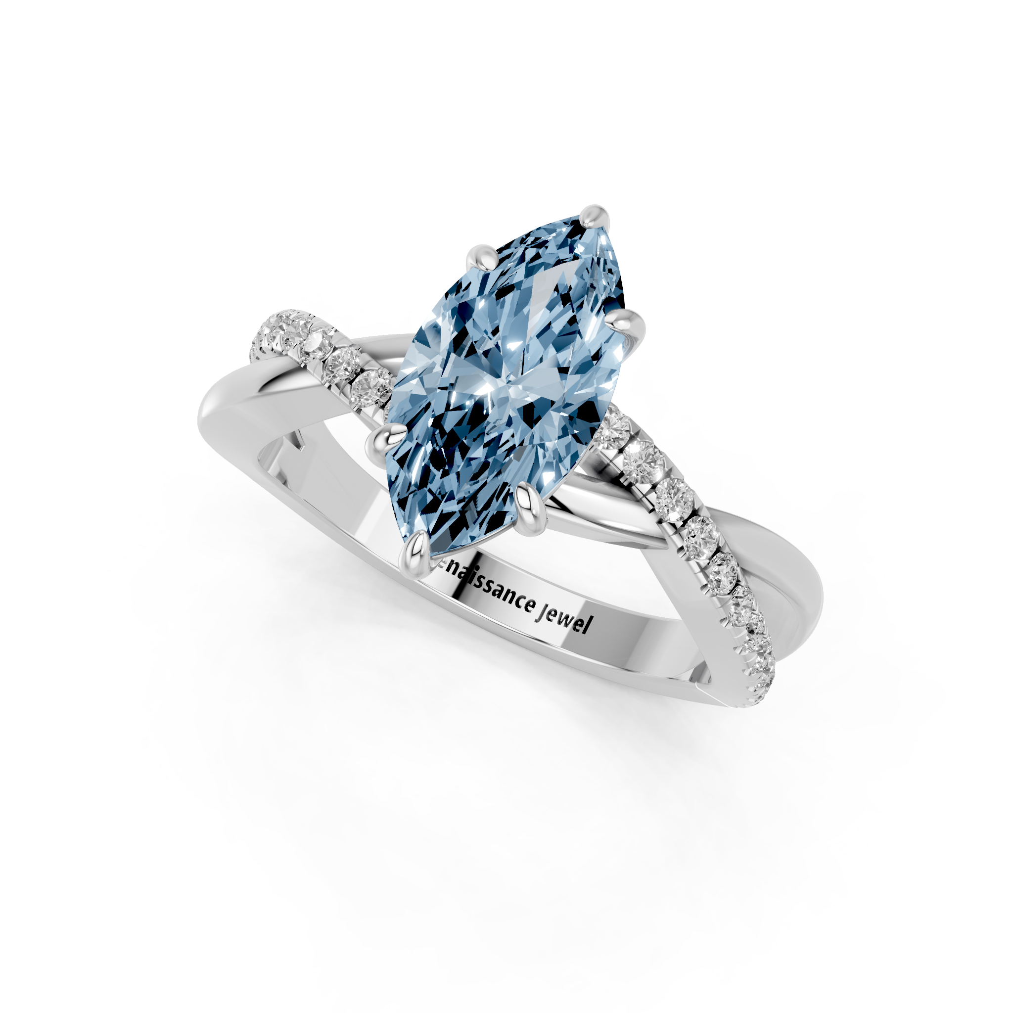 White gold Fancy Blue Marquise  Cut Diamond Twist Band Solitaire with Prong Setting_3